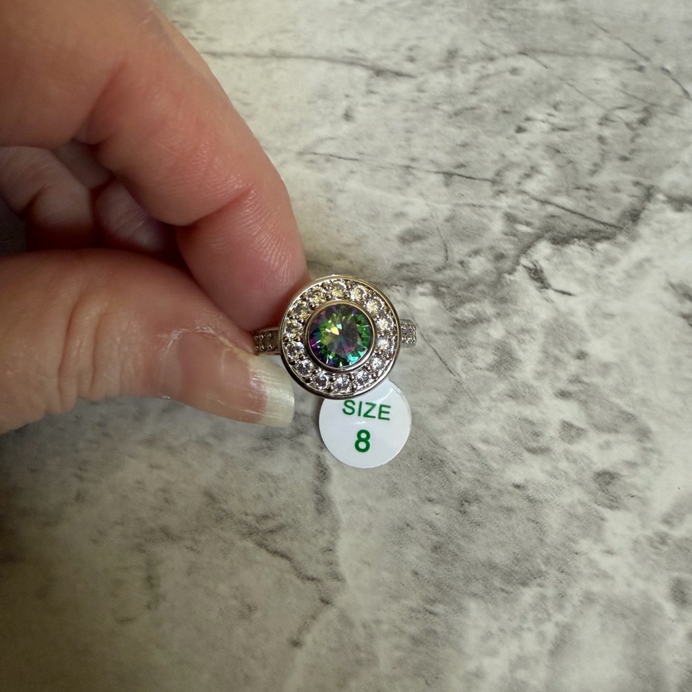 Bomb Party Silver Halo Ring with Mystic Multicolor Stone - Size 8